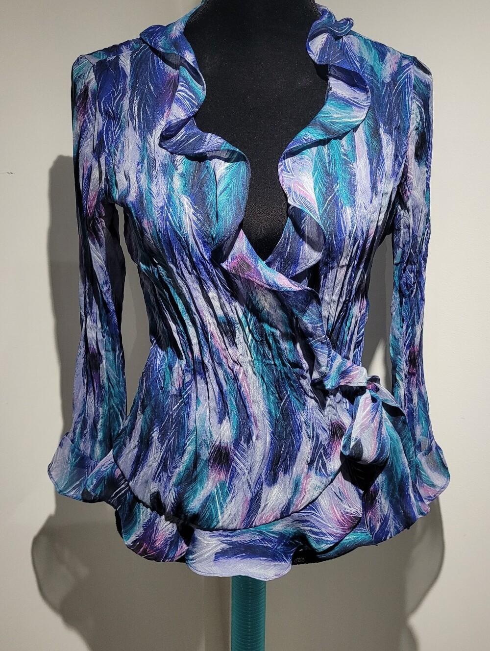 Allison Taylor Women's Ruffle Hem Wrap Blouse 8 Purple Blue Feminine Office Core